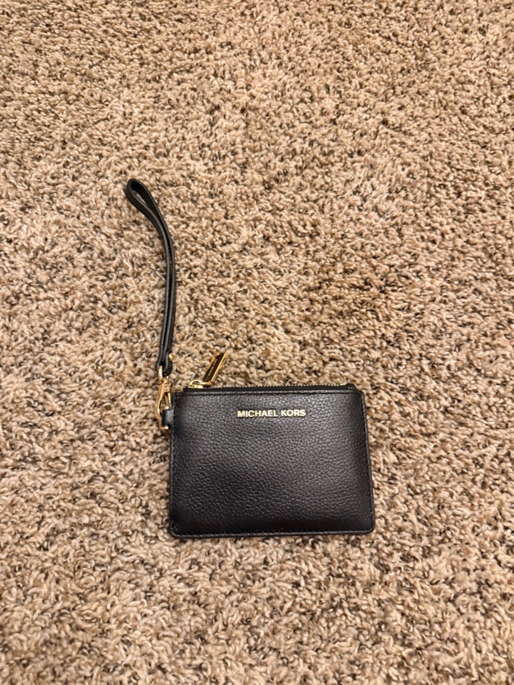Michael Kors Black Leather Zip Wristlet Card Holder with Gold Hardware